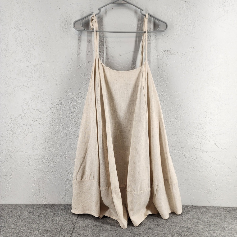 NWT New'M Size Med Beige Linen Blend Button Back Strappy Mini Dress Coastal Boho